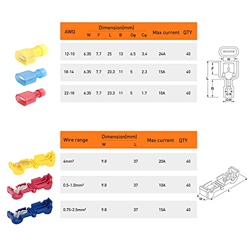 Nilight - 50004R 120 Pcs/60 Pairs Quick Splice Wire Terminals T-Tap Self-stripping with Nylon Fully Insulated Male Quick Disconnects Kit, 2 Years Warranty - size: 120Pcs 22-10AWG