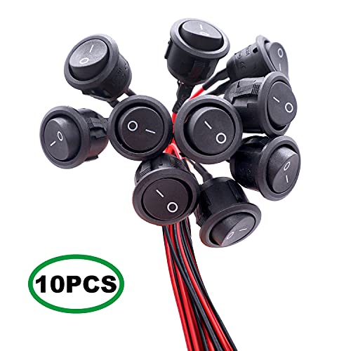 Twidec/10Pcs 12V Round Rocker Switch AC 6A/250V 10A/125V SPST 2 Pin 2 Position On/Off Toggle Switch for Car Boat Automotive RV Black with Pre-soldered Wires KCD1-X-Y - color: Black-Round-ON OFF(O I)-10PCS