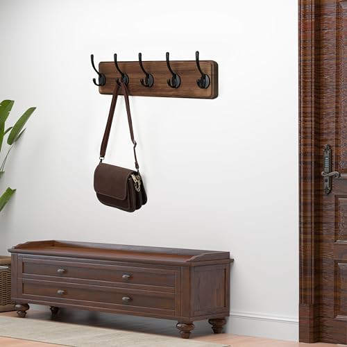 WEBI Coat Rack Wall Mount,Coat Hooks Wall Mounted,16" Hole to Hole,Coat Hanger Wall,Hook Rack Rail,5 Hooks for Hanging Jacket,Clothes,Hats,Rustic Brown - color: Brown Wood/Black Hook, size: 17.3 Inch-5 Hooks