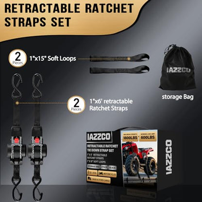 6FT Retractable Ratchet Straps(2-Pack) - 1 Inch (1800 LB Break Strength) Heavy Duty Self Retracting Ratchet Straps with Soft Loops & Storage Bag for Household, Motorcycle, Truck, ATV(Black) - style: 6FT/Black-2 Pack
