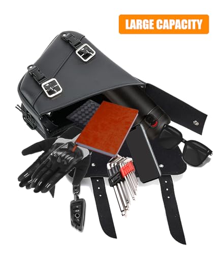 Motorcycle Saddle Bags Leather Motorcycle Solo Swing Arm Bag For Softails Sportsters Choppers Waterproof Side Bags (Black - Left Side, 11.5" x 10.25" x 3.5") - size: Left Side