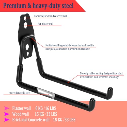4 Pack Heavy Duty Garage Hooks, Garage Tool Organizer Wall Mount, 7.4 inch Large Square Steel Utility Garage Hooks, Utility Organizer for Ladders, Garden Tools, Bike