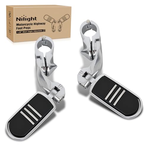 Nilight 1.25" Motorcycle Highway Pegs For Harley Davidson Touring Road King Street Glide Sportster Adjustable 360° Angled Foot Pegs P-Clamp Universal For 1-1/4" Engine Guard Crash Bar Highway Footpegs - color: Chrome #3, size: Short Angled