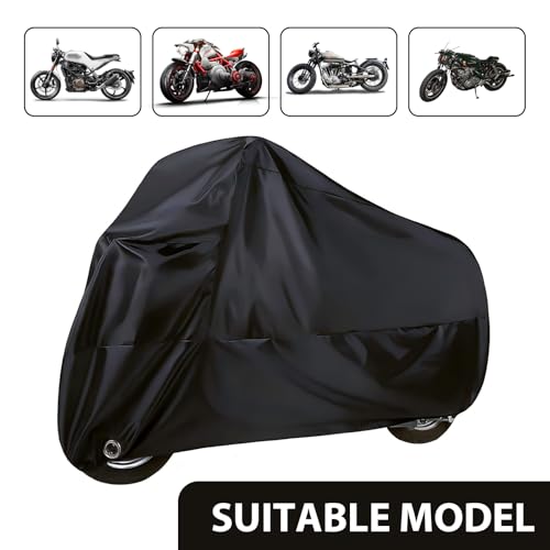 Pack-1 Motorcycle Cover, 96.4" x 41.3" x 49.2" Waterproof Sunproof Outdoor Protector for All Seasons, Foldable Buckle with Lock Design Anti-Theft Cover, Universal for Motorcycles (Black)