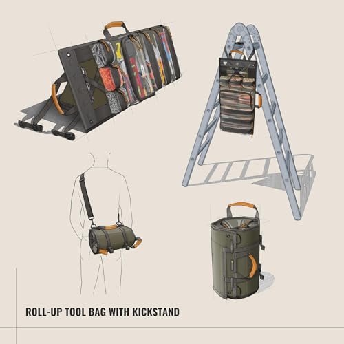 Heavy Duty Roll Up Tool Bag Organizer w/Kickstand for Upright Visibility & Easy Access, 7 Pockets w/Zippers, Multiple Carrying & Hanging Handles, Magnetic & Elastic Organizers, Adjustable Strap - style: Olive - Pro Roll Up w/ Kickstand