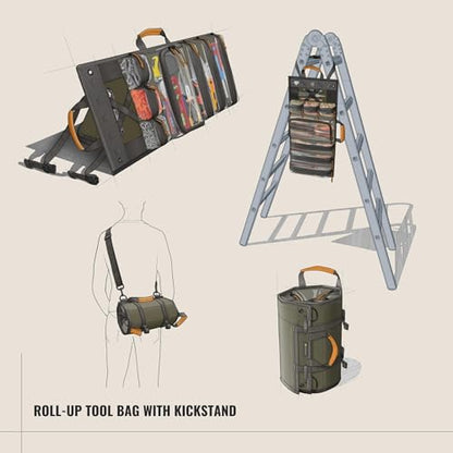 Heavy Duty Roll Up Tool Bag Organizer w/Kickstand for Upright Visibility & Easy Access, 7 Pockets w/Zippers, Multiple Carrying & Hanging Handles, Magnetic & Elastic Organizers, Adjustable Strap - style: Olive - Pro Roll Up w/ Kickstand