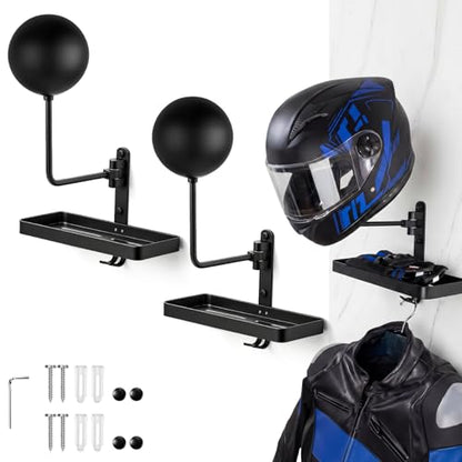 Shimeyao 2 Pack Helmet Holder Wall Mount with Shelf, 180° Rotation Helmet Storage Rack with Hooks for Motorcycle Bike Racing Outerwear Sports Gear Display Motorcycle Accessories