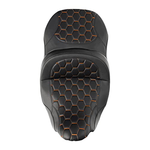 C.C. RIDER Motorcycle 2 Up Rider Driver&Passenger Seat Fit for Harley Touring CVO Road Glide Electra Glide Street Glide Road King 2009-2023 - color: Seat 16#Orange Stitching
