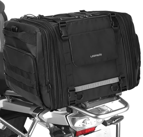 Motorcycle Tail Bag, 32-48L Waterproof Large Capacity Motorcycle Travel Luggage Bag, Rear Seat Bag with Rain Cover and Shoulder Strap, Black