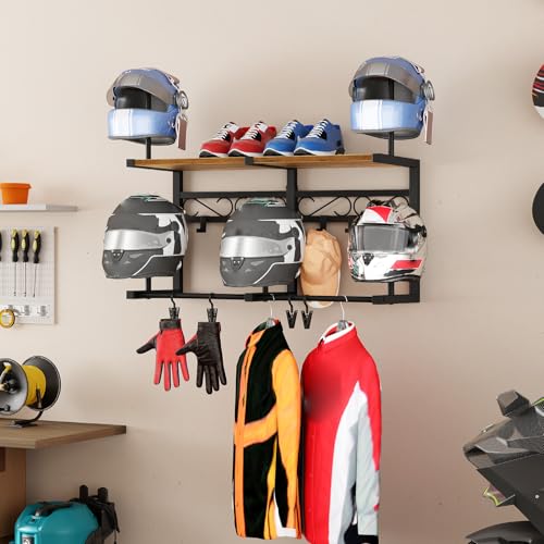 HOOBRO Motorcycle Helmet Rack Wall Mount, Helmet Holder with Hanging Rod, Storage Display Rack with 4 Glove Clamps and 6 Hooks, for Motorcycle Gear and Accessories, Rustic Brown and Black BF01TK01