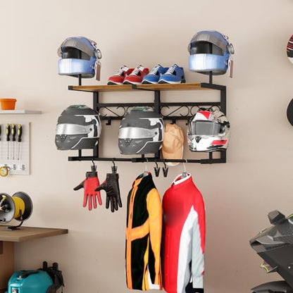 HOOBRO Motorcycle Helmet Rack Wall Mount, Helmet Holder with Hanging Rod, Storage Display Rack with 4 Glove Clamps and 6 Hooks, for Motorcycle Gear and Accessories, Rustic Brown and Black BF01TK01