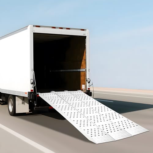 Tri-Fold Aluminum Trailer Ramps, Extra Wide Loading Ramp with Treads 1500lb Capacity Heavy Duty ATV Ramps with Load Straps & Top Hook Loading Truck Ramps for Lawn Mowers Motorcycles ATVs UTVs
