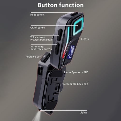 Docooler Motorcycle Headset BT5.4, Motorcycle Headset Communication System with LED Light, FM Radio, Voice Assistant, 40H Playtime, IP65 for Full or Half Helmet Off Road Helmets