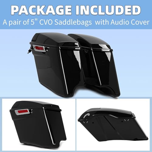 ECOTRIC 5" Stretched Hard Saddlebags w/ 5" x 7" Speaker Lids Grills Extended Saddle Bags Compatible with Harley Touring Street Glide Road King Electra Glide CVO Ultra-Classic 2014-2024 w/Audio Cover - color: Black&Chrome Latch Kit, size: 5" Stretched Sadd