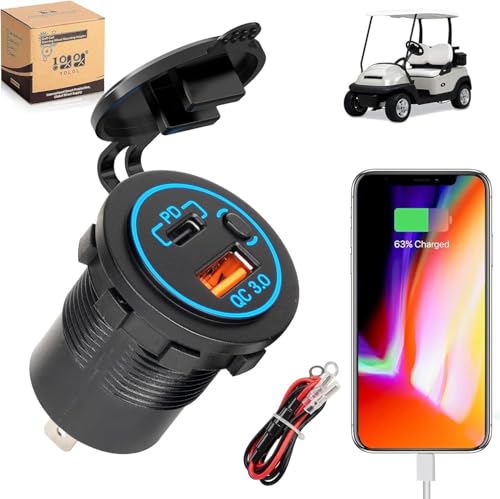 10L0L Golf Cart USB Charging Socket Quick Charge 3.0 USB Outlet PD USB C Type C Port Dual Charger Adapter Waterproof Universal for EZGO Club Car Boat Motorcycle Car ATV etc.(12V~24V Input) - style: USB + Tpye C