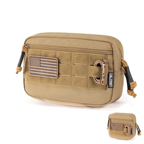 Tactical Molle Admin Pouch Utility EDC Tool Pouch Bag Horizontal Modular Pouches Include US Flag Patch & D-Ring - color: Brown-L