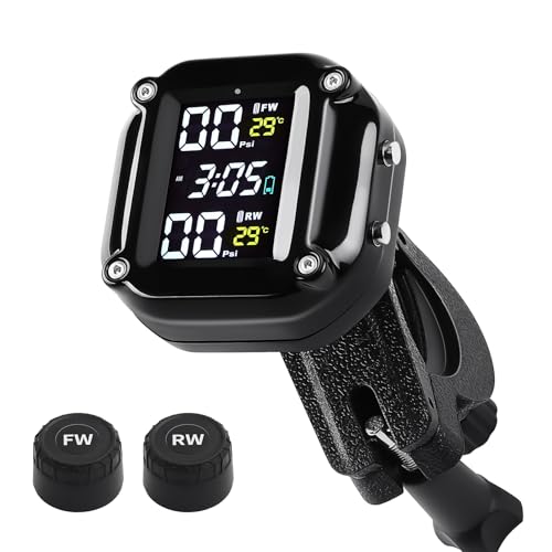 Motorcycle Tire Pressure Monitoring System, Motorcycle TPMS System with 2 External Sensors, LCD Display, IP67 Waterproof Dustproof, Motorbike Tyre Temperature Alarm, Two-Wheeled Motorcycle TPMS