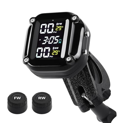 Motorcycle Tire Pressure Monitoring System, Motorcycle TPMS System with 2 External Sensors, LCD Display, IP67 Waterproof Dustproof, Motorbike Tyre Temperature Alarm, Two-Wheeled Motorcycle TPMS