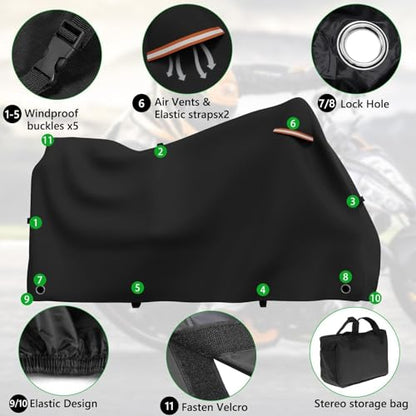Roasivi Motorcycle Covers Waterproof Outdoor Storage for Harley Davidson Touring Models Heavy Duty Cover for General Motorcycle 98" L x 43" W x 55" H Black - size: 98"x43"x55"