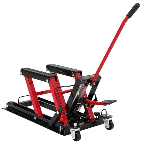1500 LB Hydraulic Motorcycle Lift Jack with Foot Pedal, Portable ATV Scissor Lift Table with Wheels & Handle, Heavy Duty Hoist Stand for Motorcycle, ATV, UTV, Powersports, Red - color: red