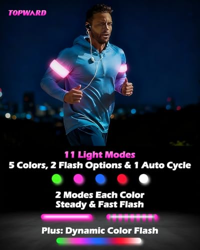 Topward LED Armband 2 Pack, Light up Reflective Arm Bands Glow Bracelets, Running Lights for Runners Dog Walking - 5 Colors 11 Light Modes - Adjustable Velcro - Rechargeable - color: Pink