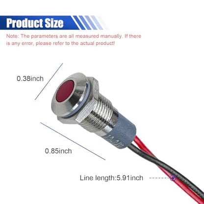 8mm/0.31" Signal Indicator Light, AC/DC 12V-24V Metal Shell Warning Lamps with Wire, Waterproof Panel Mount LED Signal Pilot Lamp, LED Dash Lights for Car Truck Boat Motorcycle (Red) - color: Red