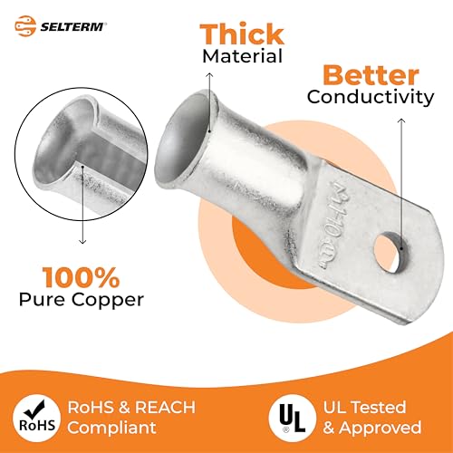 SELTERM 10pcs 1 AWG-#10 Stud Tinned Copper Wire Lugs, Heavy Duty Battery Cable Ends,1 Gauge Ring Terminals, UL Battery Lugs Marine Grade Copper Eyelets Electrical Battery Terminal Connectors - color: Tinned Copper Lugs, size: 1 Awg - 10 (M5) Ring
