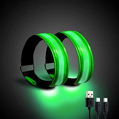 2 Pack Rechargeable LED Reflective Armband, High Brightness High Visibility Night Safety Light Band, Wearable Flashing LED Gear for Running, Walking, Biking and Outdoor Activities - color: green