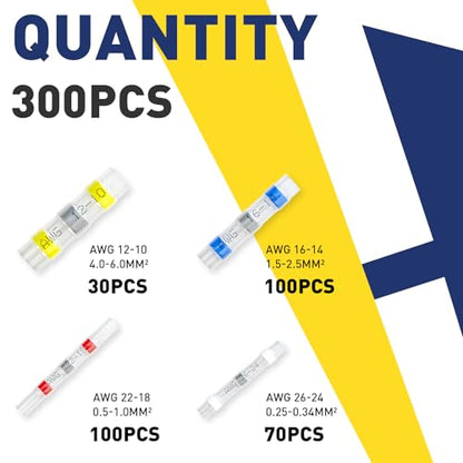 300PCS Solder Seal Wire Connectors-haisstronica Marine Grade Heat Shrink Wire Connectors-Heat Shrink Butt Connectors for Marine,Stereo(30Yellow 70White 100Red 100Blue) Solder Sleeve - style: 300PCS