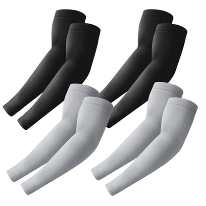 PFFY 4 Pairs UV Protection Arm Sleeves Cooling Compression Sleeve for Men Women Sports Tattoo Cover Up - color: Black*2 + Grey*2