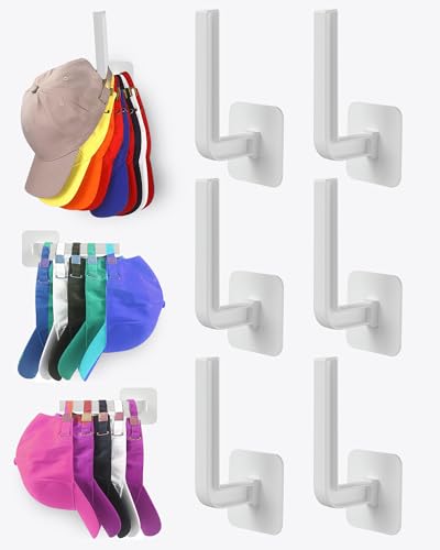 Hat Rack for Hat Storage (6-Pack), Multi-Purpose Hat Organizer, Strong Adhesive Hat Hooks for Wall Hat Organizer for Baseball Caps, Two Mounting Options Hat Hook, White - color: White, style: 6-pack