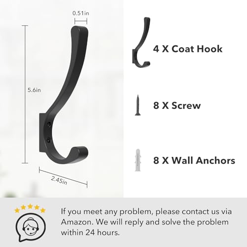 saffruff Wall Mount Coat Hooks, Heavy Duty Metal Hooks for Hanging Clothes, Backpack, Bag,Towel & Jacket, Strong 30 lbs Hold Closet Hanger, Black 4 Pack - color: Black, size: 4 Pack