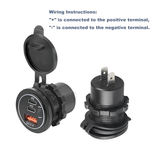 3 Ports 18W USB Car Charger with Switch, 12-24V QC 3.0 USB & Dual PD USB C Cigarette Lighter Socket Outlet, Dashboard Mount Quick Charger for Car Motorcycle Truck Marine Boat, Red Light - color: Red Light