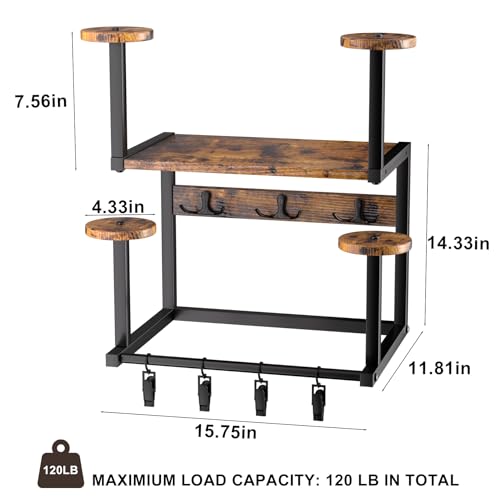 Motorcycle Helmet Hanger Wall Mount, Tiered Wooden Organizer with Metal Frame, 4 Helmet Holders, 5 Glove Clips & 3 Hooks for Accessories Storage