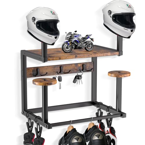 Motorcycle Helmet Hanger Wall Mount, Tiered Wooden Organizer with Metal Frame, 4 Helmet Holders, 5 Glove Clips & 3 Hooks for Accessories Storage