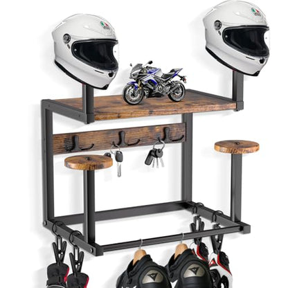 Motorcycle Helmet Hanger Wall Mount, Tiered Wooden Organizer with Metal Frame, 4 Helmet Holders, 5 Glove Clips & 3 Hooks for Accessories Storage