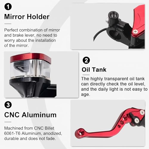 Universal Motorcycle Brake Clutch Pump Lever with Dual Hydraulic Master Cylinder Reservoir Set Left & Right CNC Suitable for 50-300cc Motorcycles with 7/8" 22mm Handlebars - color: Red