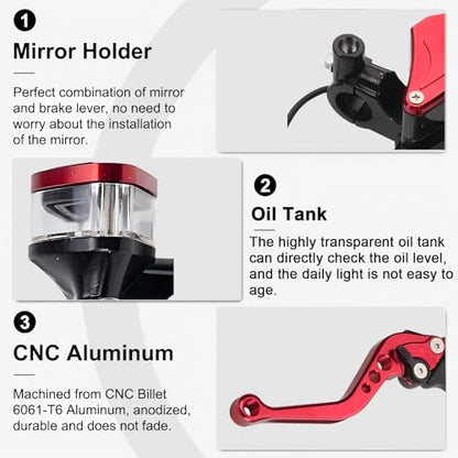 Universal Motorcycle Brake Clutch Pump Lever with Dual Hydraulic Master Cylinder Reservoir Set Left & Right CNC Suitable for 50-300cc Motorcycles with 7/8" 22mm Handlebars - color: Red