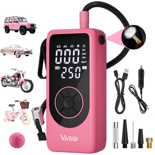 Vinid Tire Inflator Portable Air Compressor, 6000mAh Battery with Cigarette Lighter Adapter, 90W Fast Inflation, 6 Modes, Digital Display, Storage Bag & Handle, for Car Tires, Bike, Motorcycle, Ball - color: Hot Pink