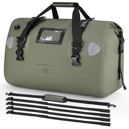 HOMIEE 40L Waterproof Duffel Bag, Waterproof Motorcycle Dry Travel Bag Tail Bag with Roll Top Closure & Shoulder Straps Outer Mesh Zipper Pocket for Camping, Kayaking, Fishing & Traveling - color: Green