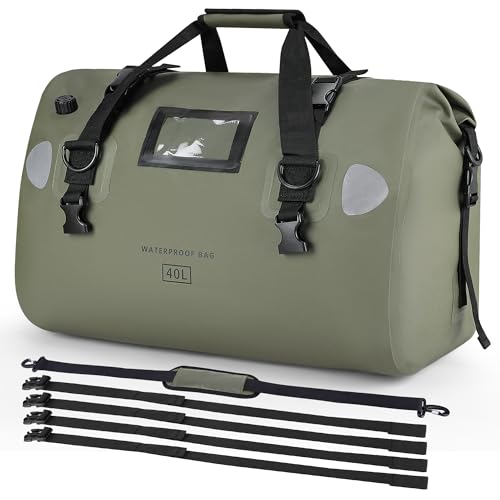 HOMIEE 40L Waterproof Duffel Bag, Waterproof Motorcycle Dry Travel Bag Tail Bag with Roll Top Closure & Shoulder Straps Outer Mesh Zipper Pocket for Camping, Kayaking, Fishing & Traveling - color: Green