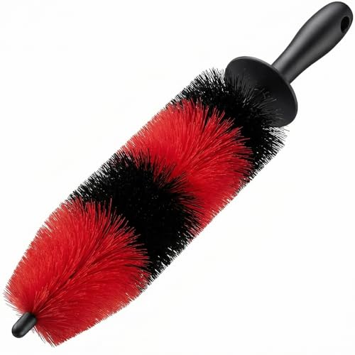 TAKAVU Master Wheel Tire Brush, Easy Reach Wheel and Rim Detailing Brush Long Soft Bristle, Car Tire Brush, Wheel Scrub Brush, Multipurpose use for Wheels Rims Exhaust Tips Motorcycles (Red) - color: Red & Black