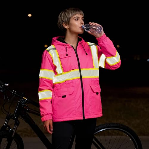KARXICIY ZUJA Hi Vis Reflective Safety Jacket for Men Women Construction Jacket with Hood High Visibility Safety Rain Jacket - color: Pink - Thickening, size: Small