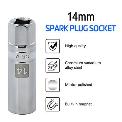14mm Thin Wall Magnetic Spark Plug Socket 3/8 Inch Drive 12-Point Spark Plug Socket Compatible with Motorcycle, Car, SUV, BMW, Nissan, Mini, Mercedes - size: 14mm
