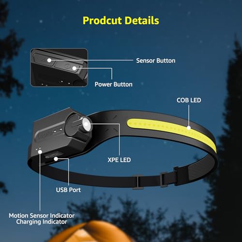 Lepro LED Headlamp Rechargeable - Super Bright Motion Sensor Head lamp with 1200 mAh Battery, 230°COB Wide Beam & Adjustable Spotlight, IP44 Waterproof Headlight for Camping, Hiking, Running, 2 Pack
