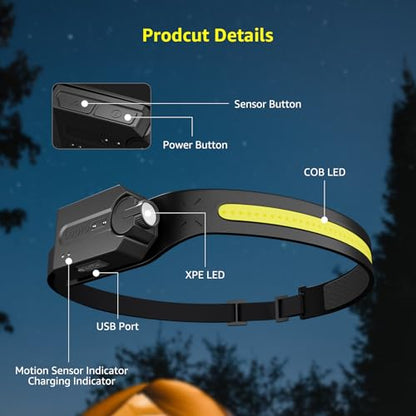 Lepro LED Headlamp Rechargeable - Super Bright Motion Sensor Head lamp with 1200 mAh Battery, 230°COB Wide Beam & Adjustable Spotlight, IP44 Waterproof Headlight for Camping, Hiking, Running, 2 Pack