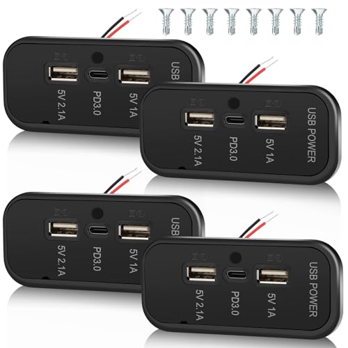 4PCS 3 Ports 12V RV USB Outlet 45.5W, PD3.0 Type-C Quick Charge & Dual A Port 3.1A Panel Wall Mount, Automotive Car Socket Charger Adapter for RV Marine Boat Bus ATV Motorcycle Truck - color: Black, size: 4PCS
