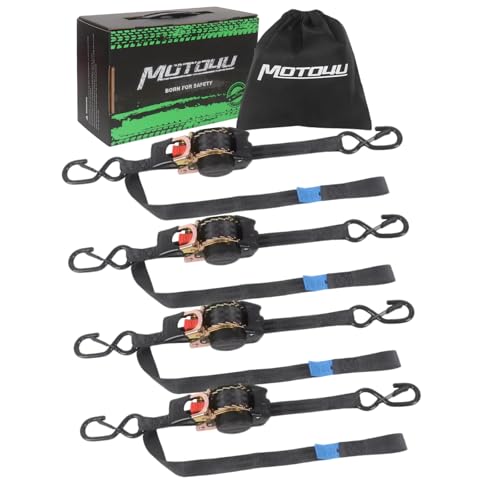 MOTO4U Auto Retractable Ratchet Straps 4-Pack | 1” x 10ft (1500lb Break Strength) | Heavy Duty Motorcycle Tie Downs Straps with Integrated Soft Loops for Truck, Trailer, Motorcycle - color: 4 Pack
