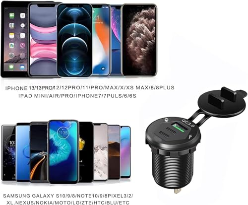 USB C Car Charger Socket, Marine Grade 12V Outlet with Dual 18W PD Ports & QC 3.0 Fast Charging, IP66 Waterproof Aluminum Flush Mount for Car, Boat, RV, Marine