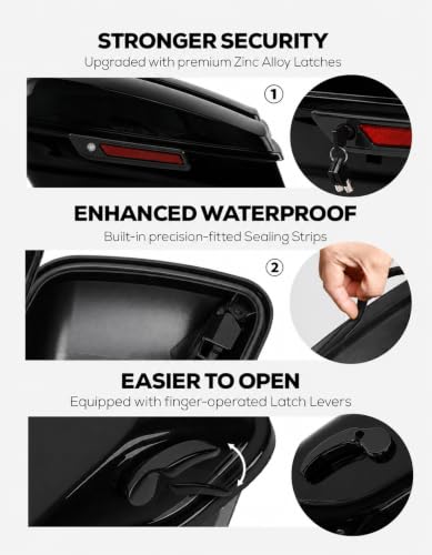 XFMT Motorcycle Saddlebags 5" Stretched Hard Saddle Bags Extended Saddlebags W/Black Latches For Harley Touring Road King Street Glide Road Glide Electra Glide 2014-2024, Vivid Black - color: 5" Stretched-Vivid Black W/ Black Latches